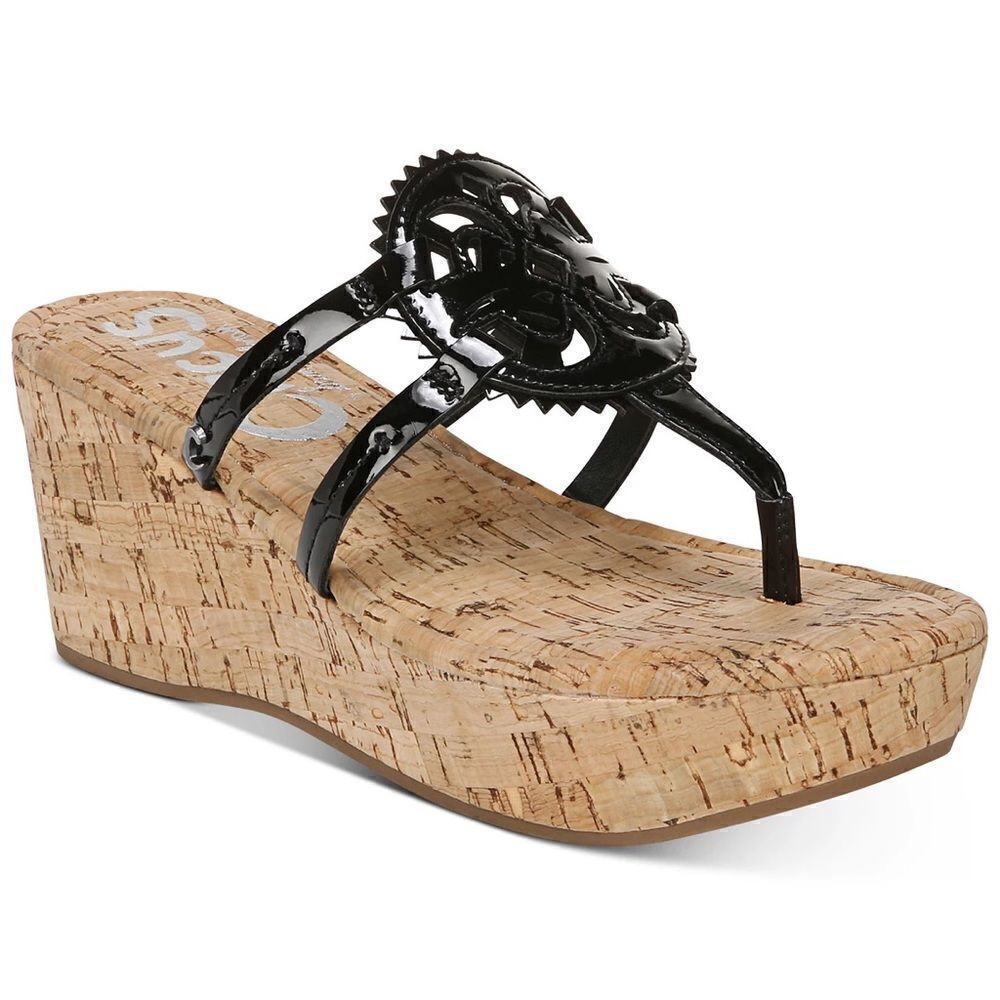 Circus by Sam Edelman Black Patent Cork Wedge Thong Sandal